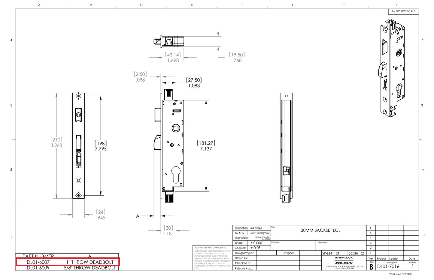 LCL 4PT MECHANISM 30MM (1" DEADBOLT)